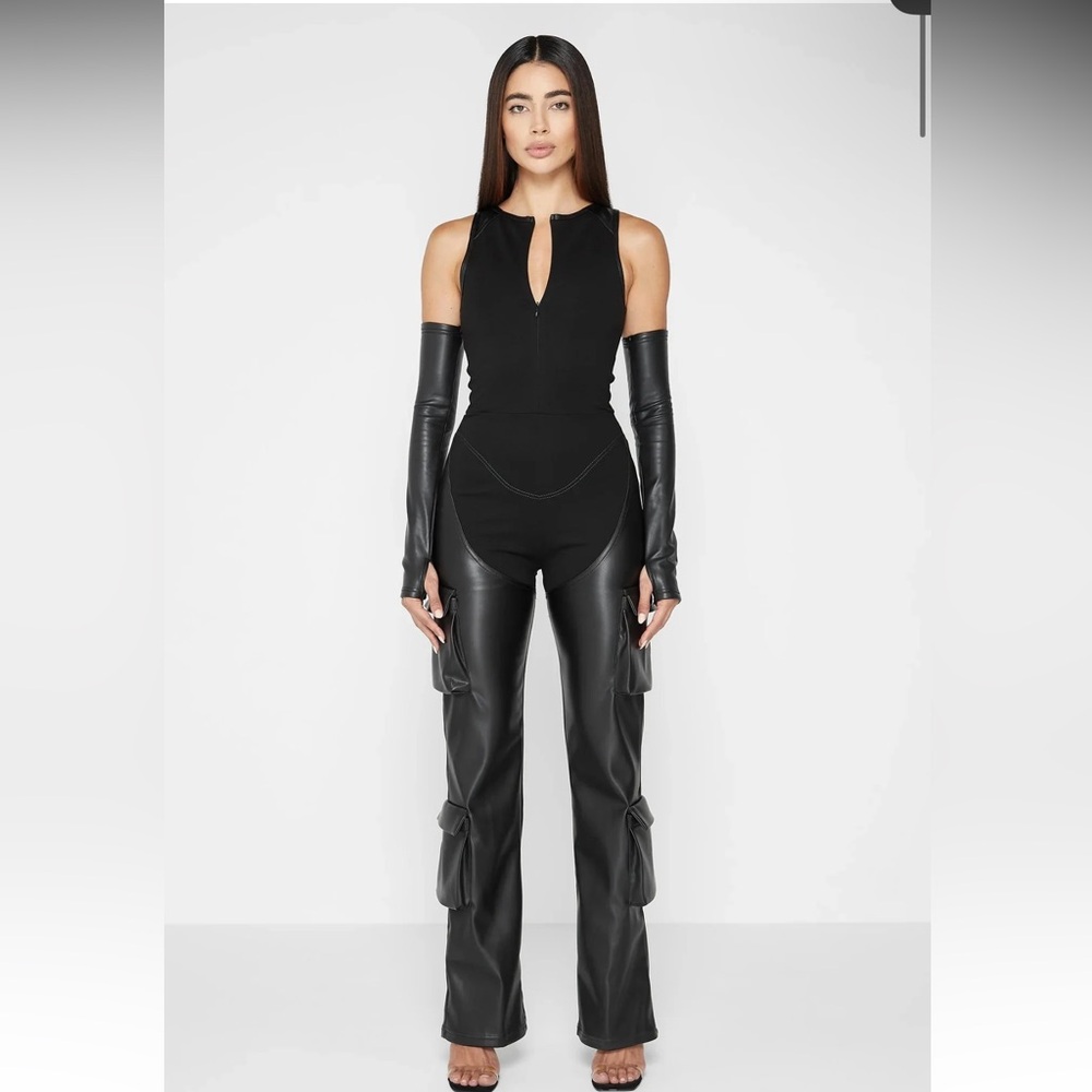 Maniere de Voir Bandage And Vegan Leather Racer Neck Cargo Pocket Jumpsuit